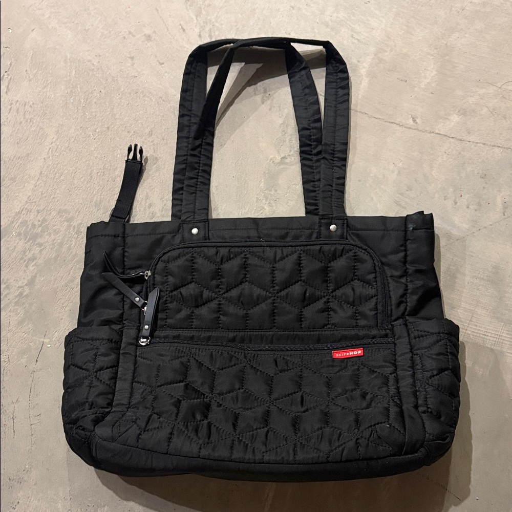 Black Quilted Skip Hop Diaper Tote Bag with Front Zip Pocket